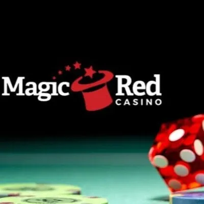 Magic Red Casino logo above a casino table with red dice and chips