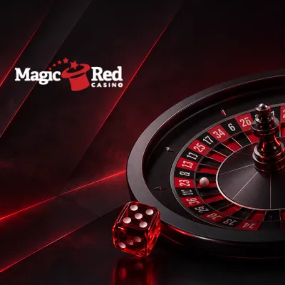 Magic Red Casino roulette wheel with a red die on a dark table